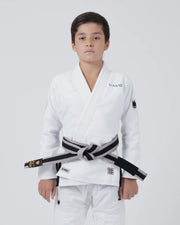 Kingz Nano 3.0 Youth BJJ Gi White - Upper Body Front View Young Athlete Gray Belt NANO Text Crown Logo 380gsm Youth Kids Size