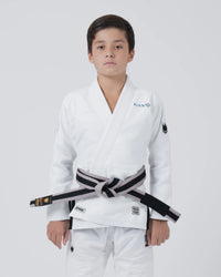 Kingz Nano 3.0 Youth BJJ Gi White - Upper Body Front View Young Athlete Gray Belt NANO Text Crown Logo 380gsm Youth Kids Size