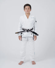 Kingz Nano 3.0 Youth BJJ Gi White - Full Body Front View Young Athlete Gray Belt Crown Logo NANO Text Complete Gi Youth Kids