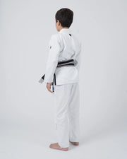 Kingz Nano 3.0 Youth BJJ Gi White - Full Body 3/4 Back View Young Athlete Gray Belt Dual Crown Logo Youth Kids Nano Gi