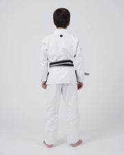 Kingz Nano 3.0 Youth BJJ Gi White - Full Body Back View Young Athlete Gray Belt Crown Logo Upper Back Youth Kids Nano Gi