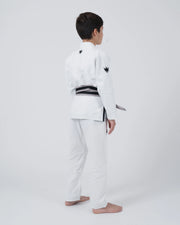 Kingz Nano 3.0 Youth BJJ Gi White - Full Body Side Profile View Young Athlete Gray Belt Crown Logo Youth Kids Lightweight Gi