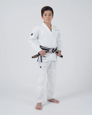 Kingz Nano 3.0 Youth BJJ Gi White - Full Body Front View Young Athlete Gray Belt Crown Logo NANO Text KINGZ Label Youth Kids