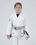 Kingz Nano 3.0 Youth BJJ Gi White - Upper Body Front View Girl Athlete Gray Belt NANO Text Crown Logo 380gsm Youth Kids Size
