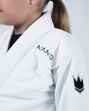 Kingz Nano 3.0 Youth BJJ Gi White - Upper Body Front View Girl Athlete Gray Belt NANO Text Crown Logo 380gsm Youth Kids Size