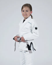 Kingz Nano 3.0 Youth BJJ Gi White - Upper Body Front View Girl Athlete Gray Belt NANO Text Crown Logo 380gsm Youth Kids Size