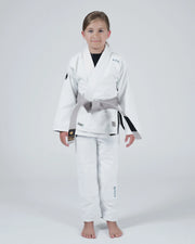 Kingz Nano 3.0 Youth BJJ Gi White - Upper Body Front View Girl Athlete Gray Belt NANO Text Crown Logo 380gsm Youth Kids Size