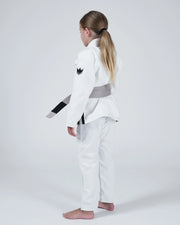 Kingz Nano 3.0 Youth BJJ Gi White - Upper Body Front View Girl Athlete Gray Belt NANO Text Crown Logo 380gsm Youth Kids Size