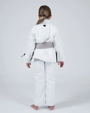 Kingz Nano 3.0 Youth BJJ Gi White - Upper Body Front View Girl Athlete Gray Belt NANO Text Crown Logo 380gsm Youth Kids Size