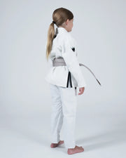 Kingz Nano 3.0 Youth BJJ Gi White - Upper Body Front View Girl Athlete Gray Belt NANO Text Crown Logo 380gsm Youth Kids Size