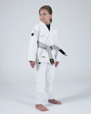 Kingz Nano 3.0 Youth BJJ Gi White - Upper Body Front View Girl Athlete Gray Belt NANO Text Crown Logo 380gsm Youth Kids Size