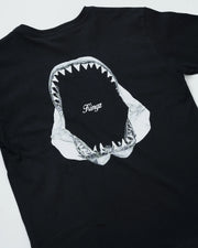 Kingz Jaws Youth Tee - Detail Shot - Shark Jaws Kingz Script Close-up - Black Youth BJJ Casual Tee [color:Black]