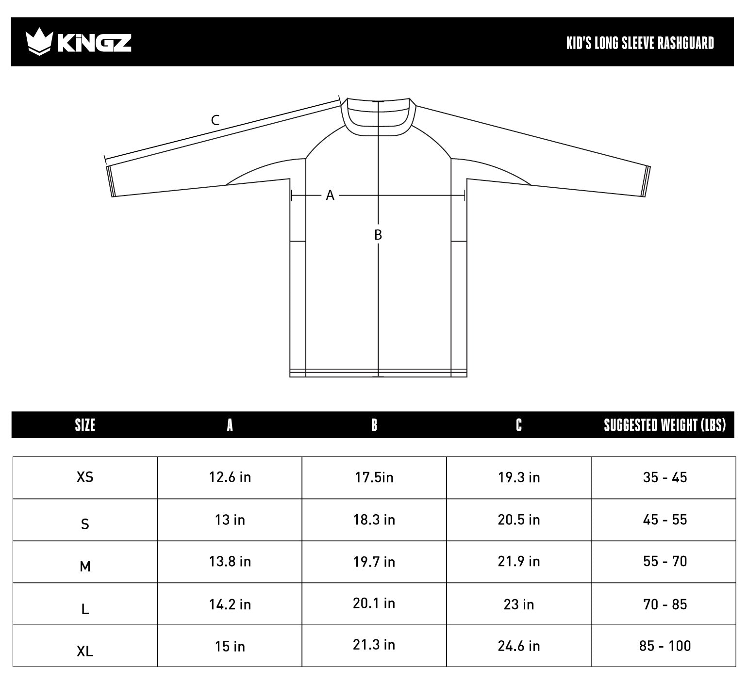 Kingz Kore V2 Youth Long Sleeve Rashguard size chart