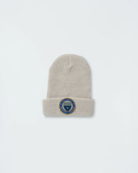 Kingz BJJ Club Waffle Knit Beanie Tan - Flat Lay Product Only Blue Circle Logo Front Cuff Waffle Texture Streetwear [color:Tan]