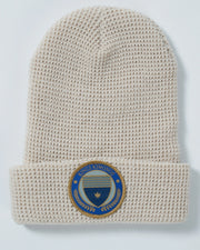 Kingz BJJ Club Waffle Knit Beanie Tan - Flat Lay Product Only Waffle Knit Texture Blue Gold Kingz Kimonos Patch Front Cuffed Design Streetwear [color:Tan]