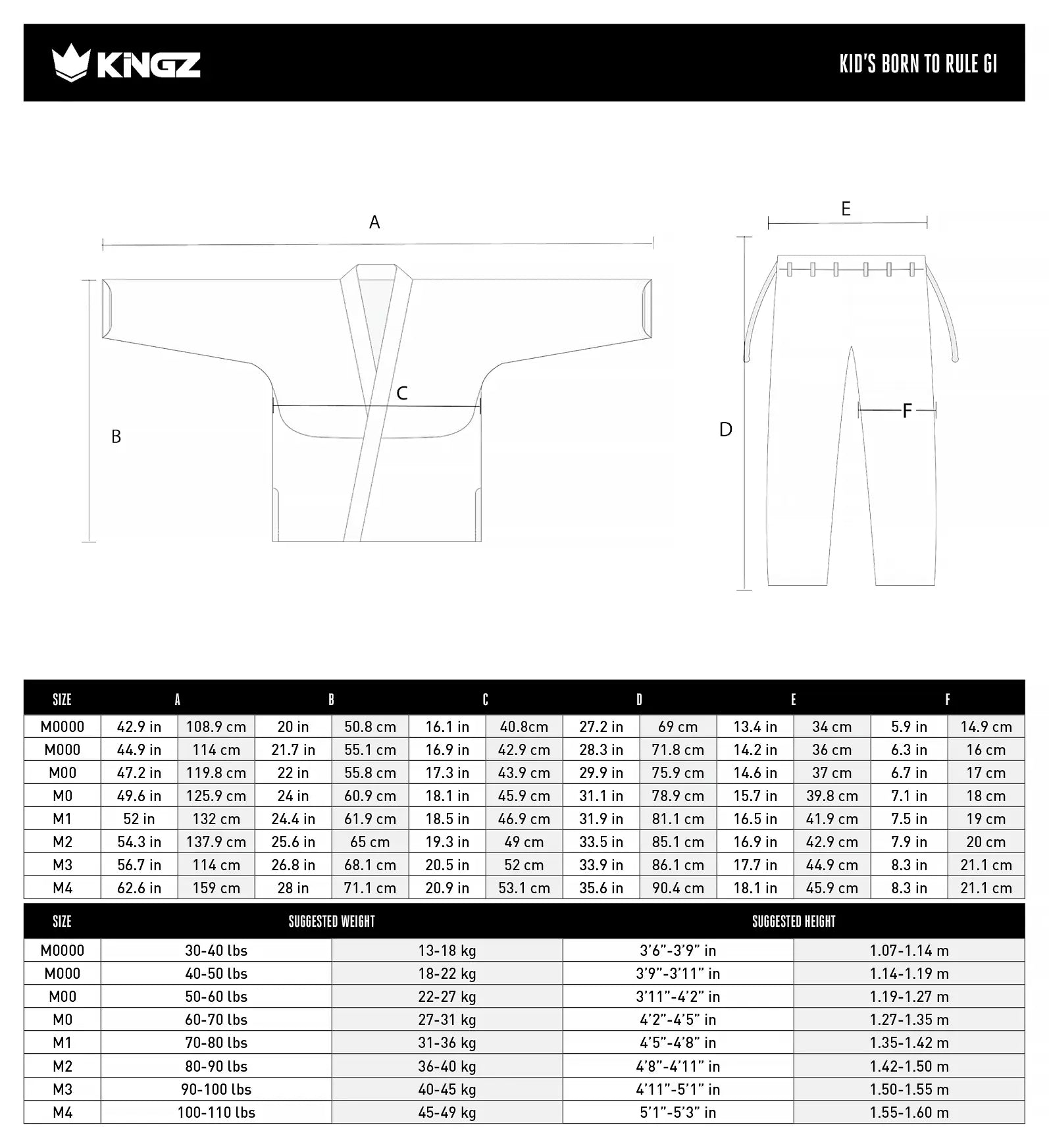 Kingz Born to Rule Youth BJJ Gi - White size chart