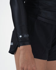 Kingz Kore V2 Long Sleeve Rashguard Black - Close Up Wrist Cuff Detail JIU JITSU ROYALTY Woven Label Crown Logo White Black Wrist Band KINGZ Shorts Side Text All Black Women's BJJ Kore V2 Premium Detail