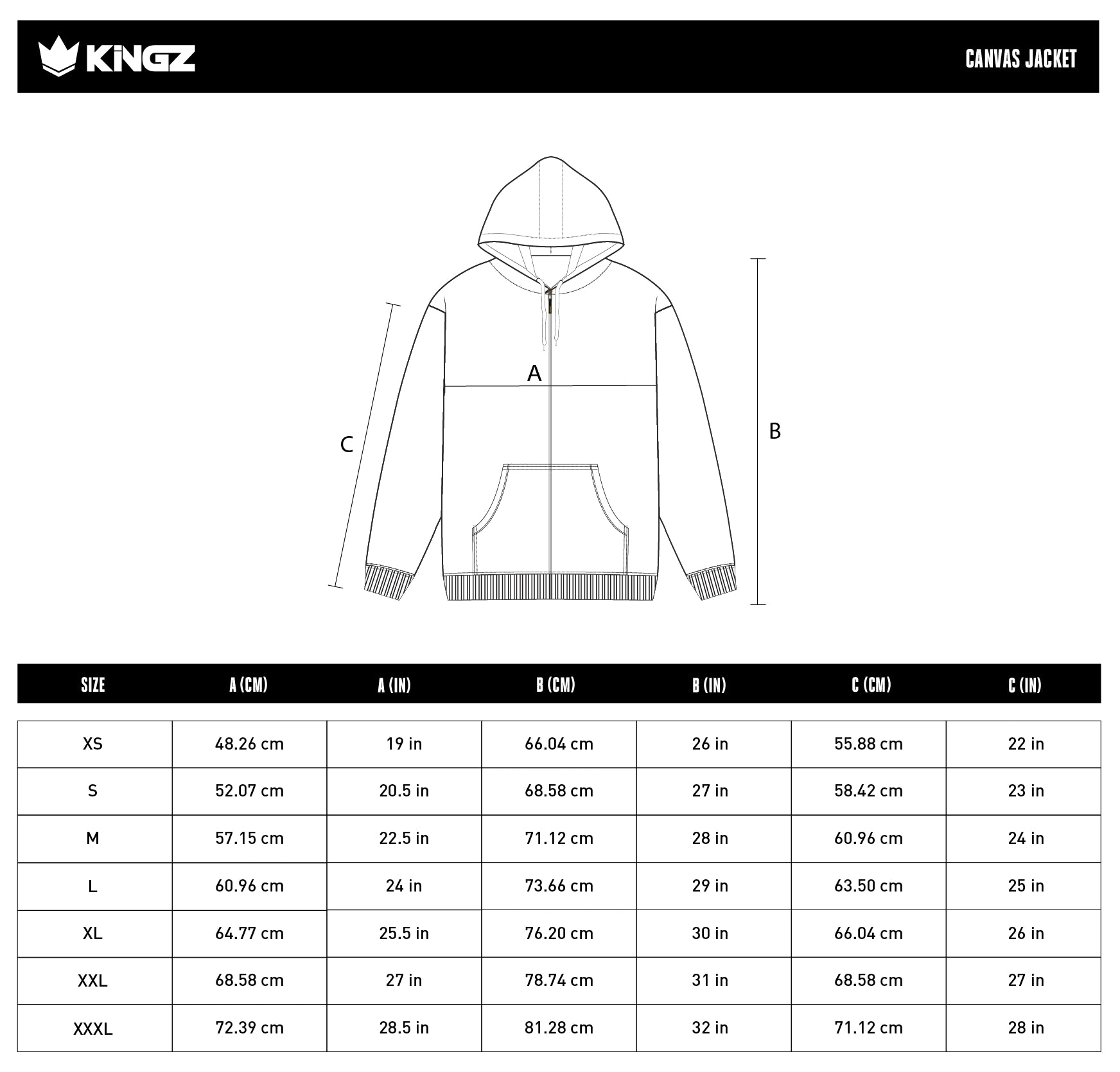 Canvas Jacket size chart