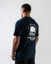 Kingz Immersion Tee Navy - Back View Male Athlete Skull Graphic Jiu Jitsu Lifestyle Text Bold White Print Casual Fit Streetwear [color:Navy]