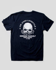 Kingz Immersion Tee Navy - Back View Skull Graphic Text "Jiu Jitsu Lifestyle Immerse Yourself Kingz Kimonos" White Print Centered Casual Fit Streetwear [color:Navy]