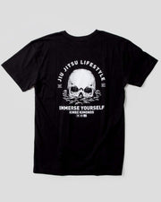 Kingz Immersion Tee Black - Back View Flat Lay White Skull Graphic Jiu Jitsu Lifestyle Text Immerse Yourself Kingz Kimonos Logo Streetwear Casual Apparel [color:Black]